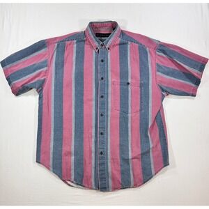 Vintage Santana Mens Large Pink Blue Striped Short Sleeve Cotton Button Down